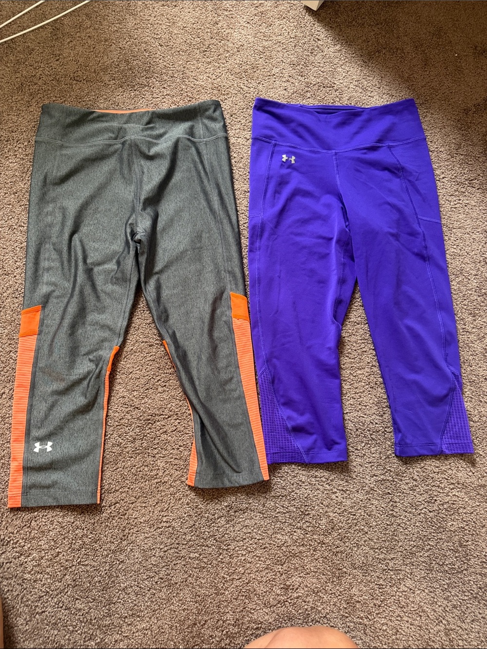 Under Armour Purple Capri Leggings & Gray Capri Leggings with Orange Accents